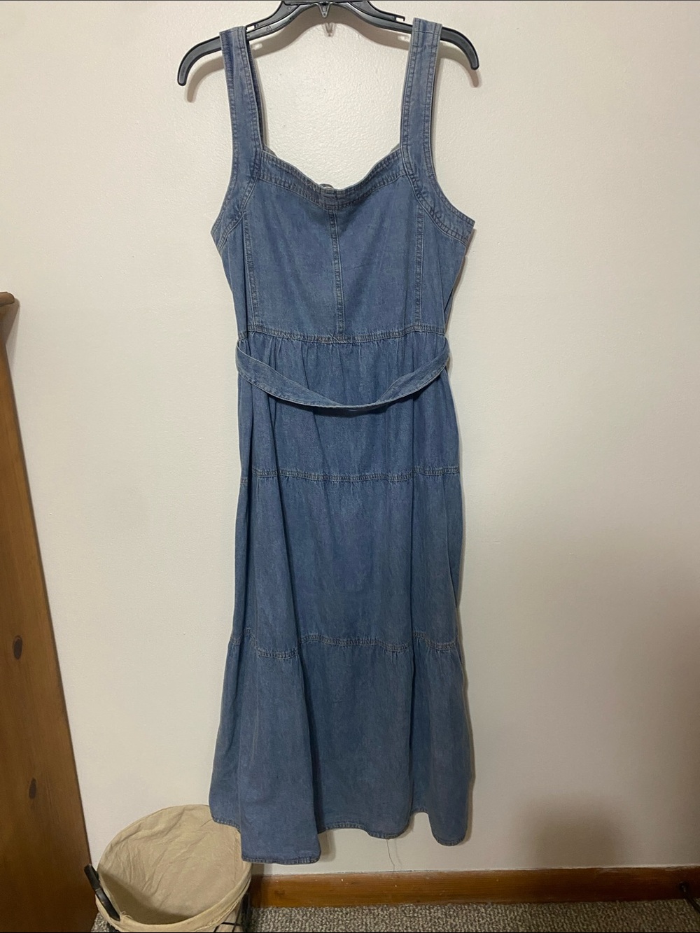 Denim Midi Dress with Tie Waist - Blue - Picture 5 of 6